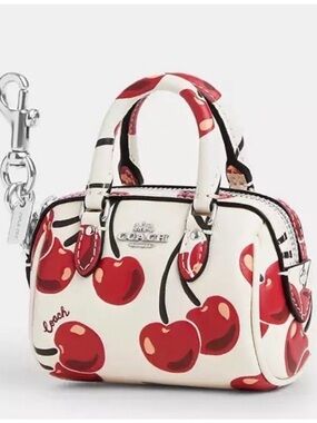 New Coach Mini Rowan Bag Charm With Cherry Print